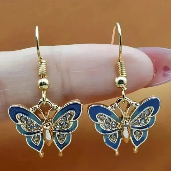 Beautiful Blue Butterfly Metallic Enamel Dangle Goldtoned Fashion Earrings - Picture 2 of 3